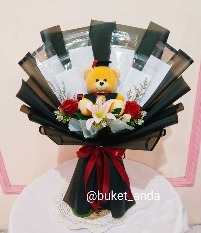 buket uang 6 lembar + bunga + boneka